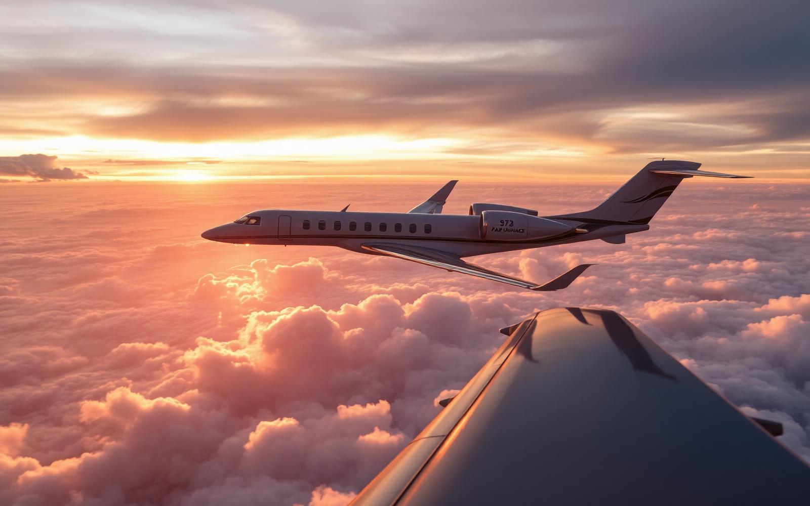 Private jet flying above Texas at sunset