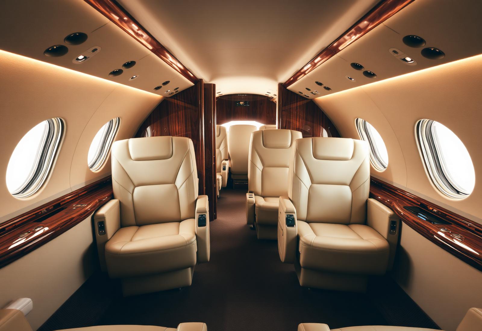 Interior of a private jet cabin with cream leather seats